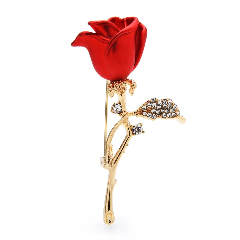 Enamel Rosebud on Jeweled Stem Brooch — Red