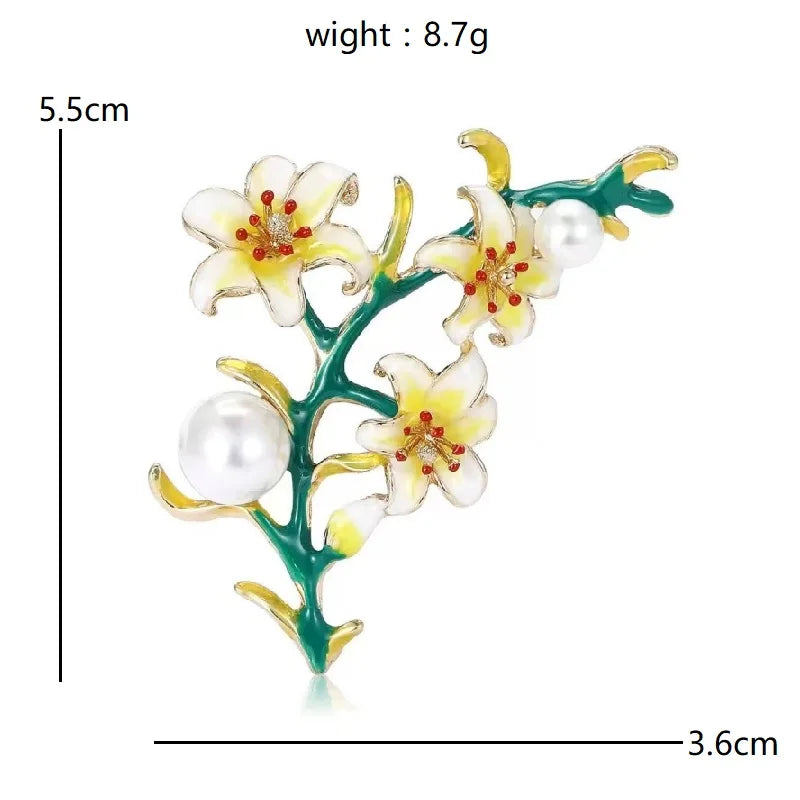 White Enamel Lily Flower Spray Brooch — dimensions