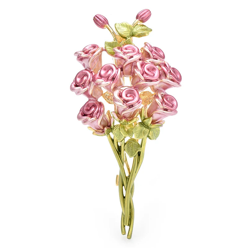 Pink Enamel Rose Bouquet Brooch — Pink