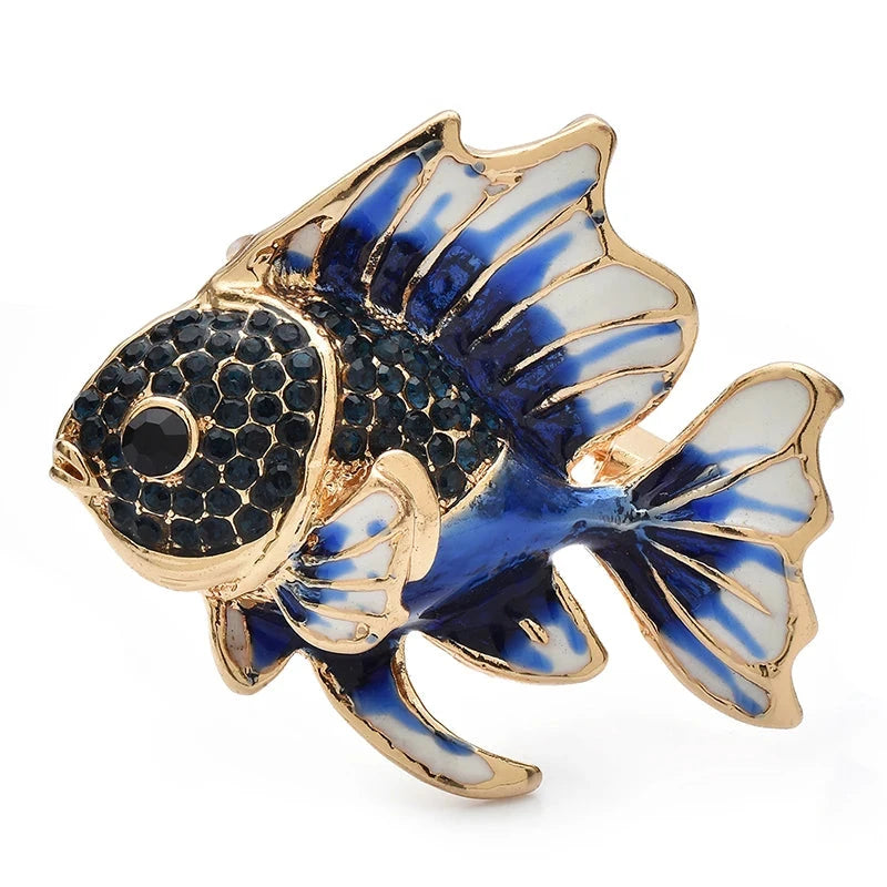 Enamel Fantail Fish with Rhinestones Brooch — Blue