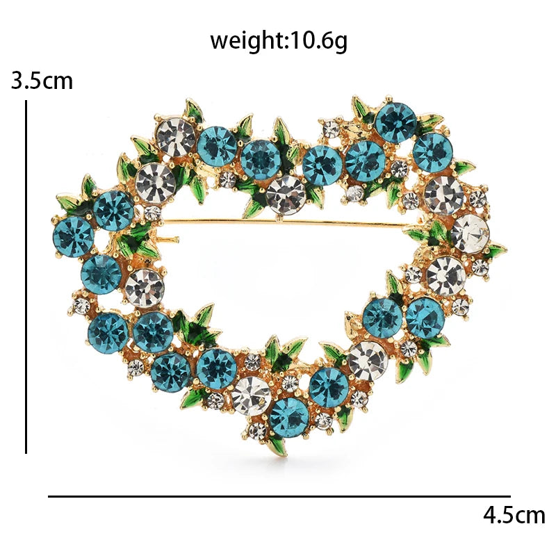 Jeweled Floral Heart Wreath Brooch — dimensions