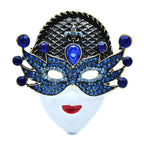 Jeweled Masquerade Face with Enamel Lips Brooch — Blue