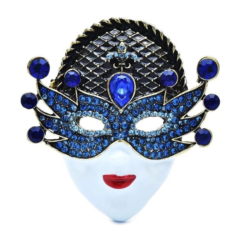 Jeweled Masquerade Face with Enamel Lips Brooch — Blue