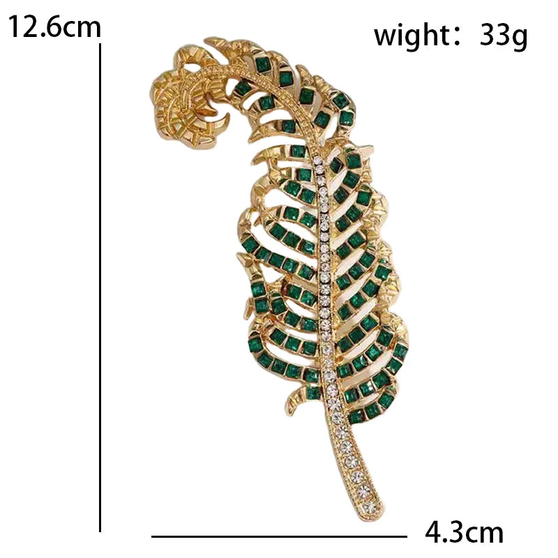 Vintage-Style Rhinestone Feather Brooch — dimensions
