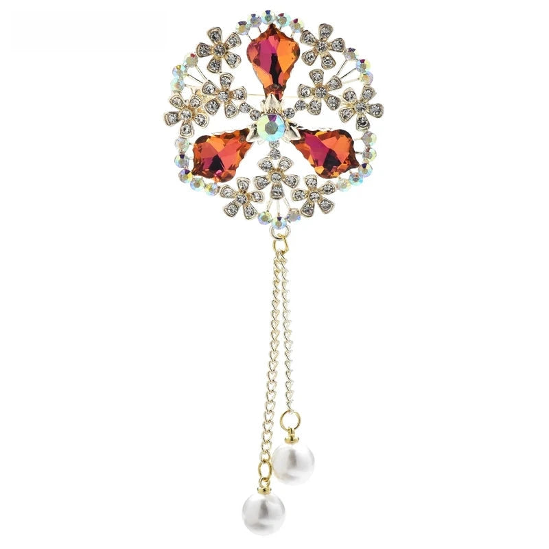 Ornate Faceted Flower with Pearl-Look Tassels Brooch — Red