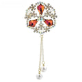 Ornate Faceted Flower with Pearl-Look Tassels Brooch — Red