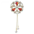 Ornate Faceted Flower with Pearl-Look Tassels Brooch — Red