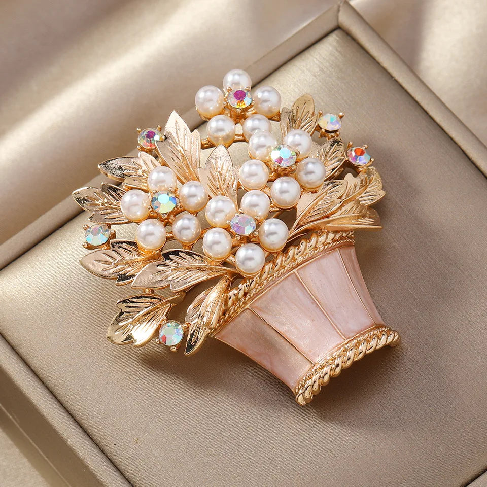 Broche bouquet de fleurs façon perle en pot