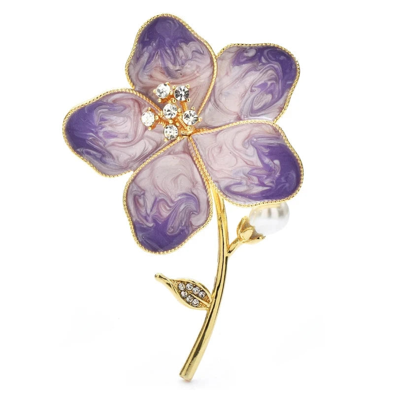 Five-Petal Enamel Flower on Golden Stem Brooch — Purple