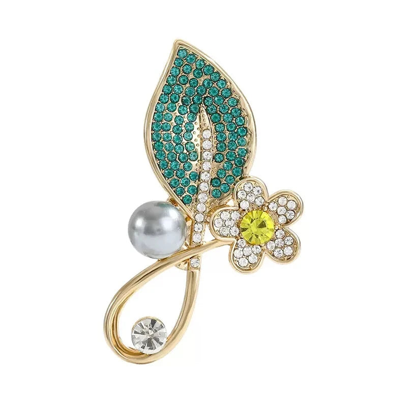 Rhinestone Leaf with Pearl-Look Accent Brooch — Green Leaf & Flower