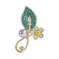 Rhinestone Leaf with Pearl-Look Accent Brooch — Green Leaf & Flower