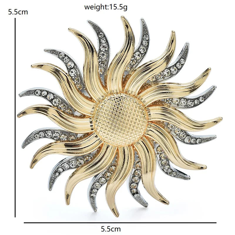 Layered Sun with Rhinestone Rays Brooch — dimensions