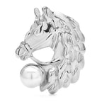 Polished Horse Head with Pearl-Look Accent Brooch — Silver