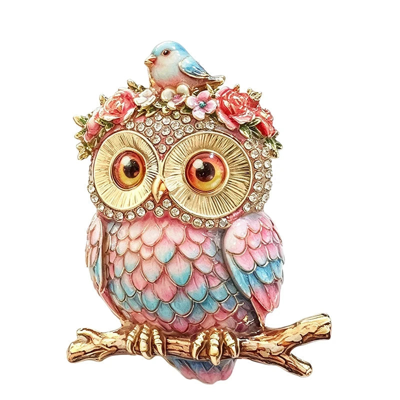 Floral Crown Owl with Little Bird Brooch original white background product photo