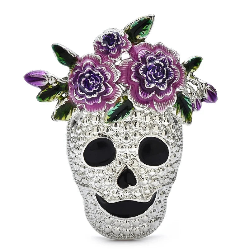 Floral Rhinestone Skull Brooch — Purple