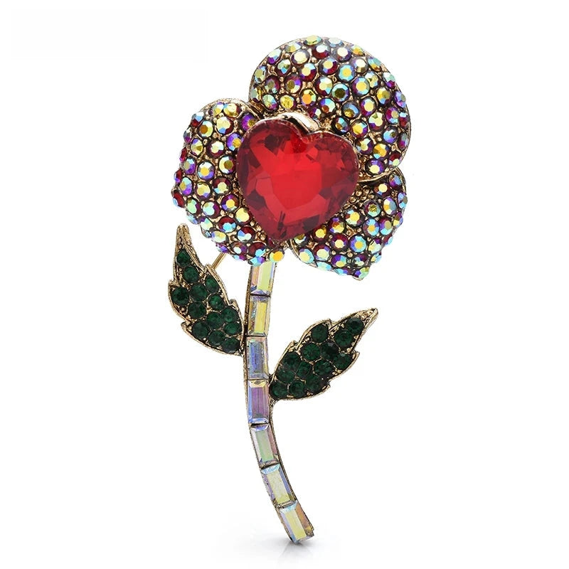 Jeweled Flower with Heart Center Brooch — Red