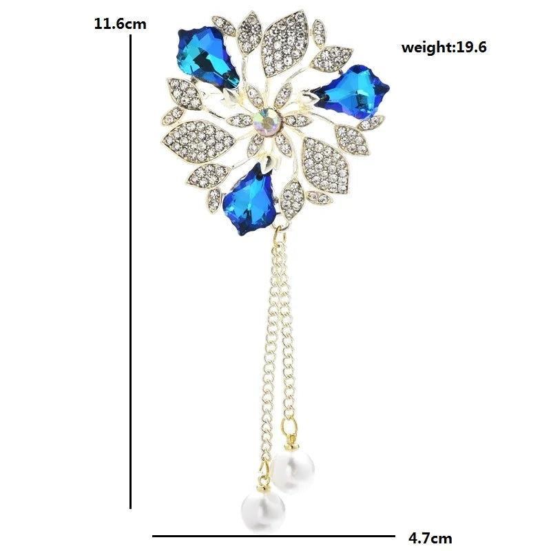 Faceted Flower with Pearl-Look Chain Tassels Brooch — dimensions