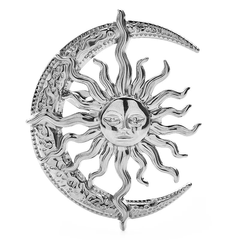 Sculptural Sun and Crescent Moon Brooch — Silver