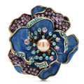 Jeweled Enamel Camellia with Pearl-Look Center Brooch — Blue
