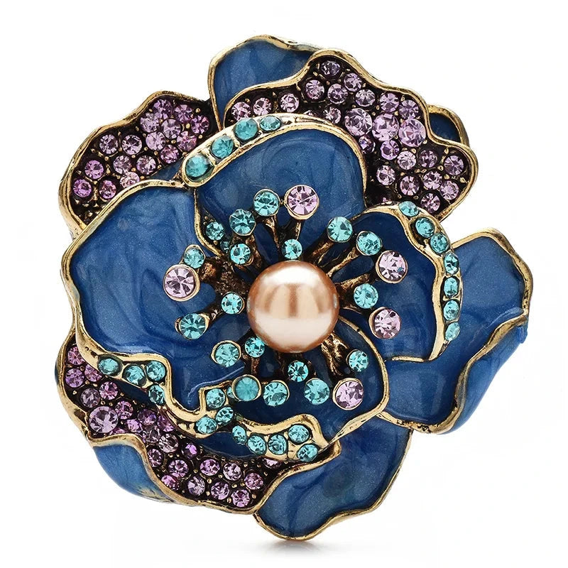 Jeweled Enamel Camellia with Pearl-Look Center Brooch — Blue