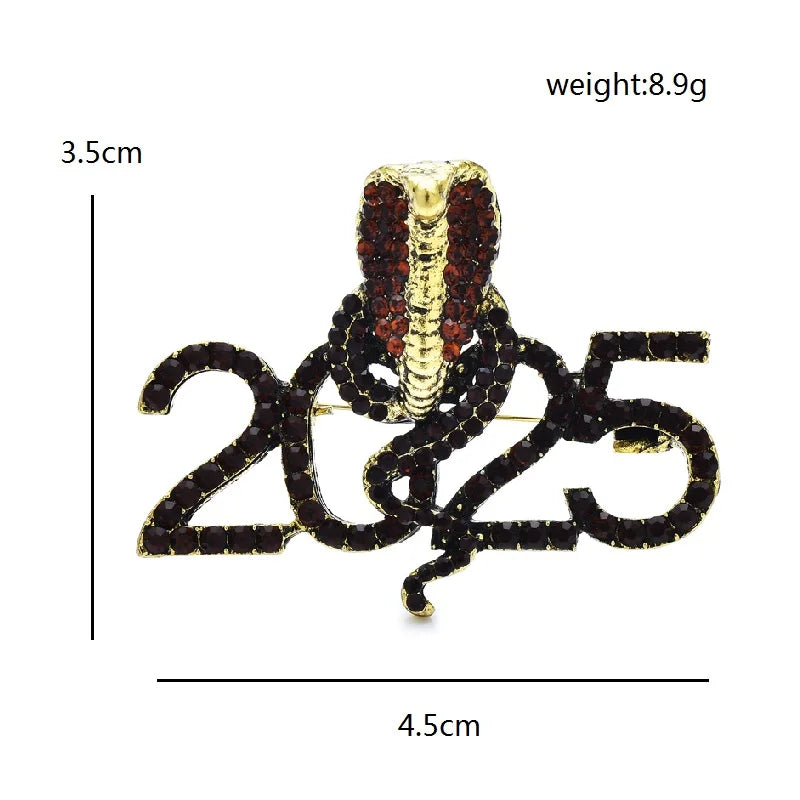 Rhinestone Cobra with 2025 Numerals Brooch — dimensions