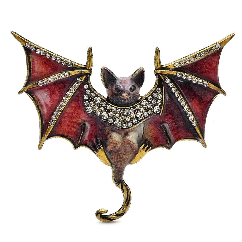 Patterned Enamel Bat with Rhinestones Brooch — Red