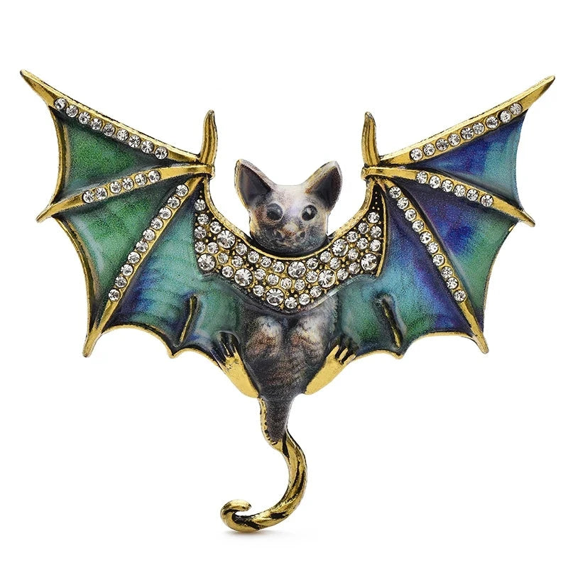 Patterned Enamel Bat with Rhinestones Brooch — Green