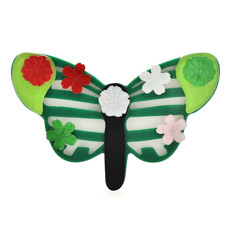 Floral Striped Acrylic Butterfly Brooch — Green