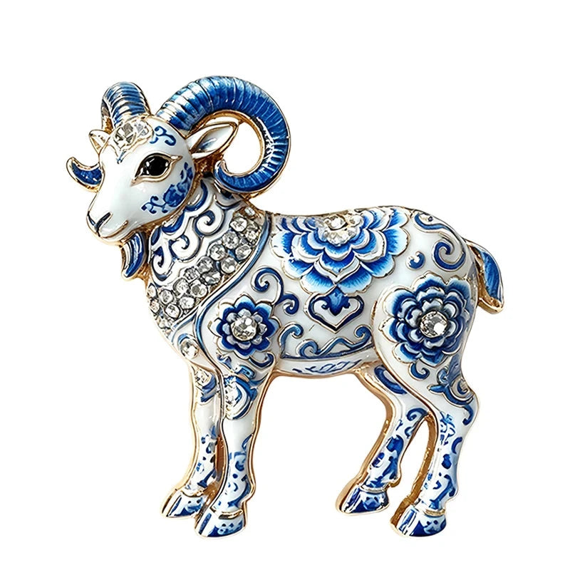 Blue and White Floral Goat Brooch
