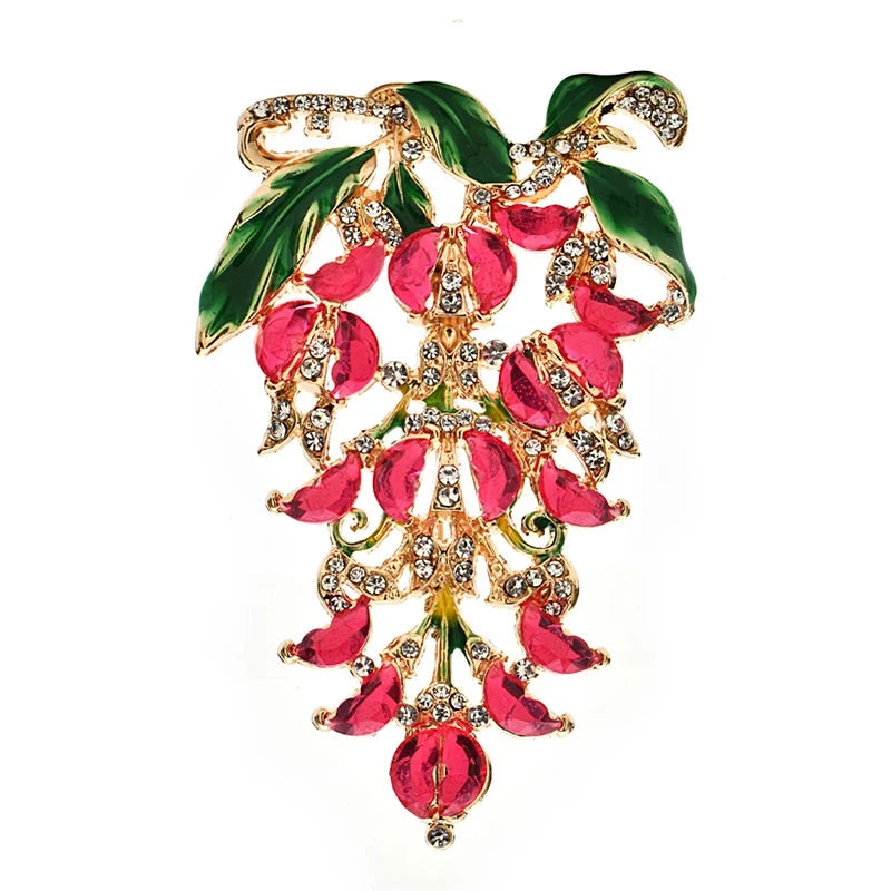 Jeweled Floral Spray with Hanging Petals Brooch — Pink