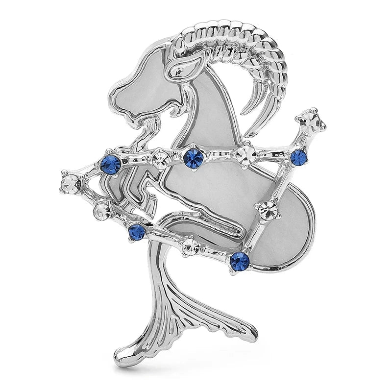 Aries Goat with Blue Star Accents Brooch — Silver