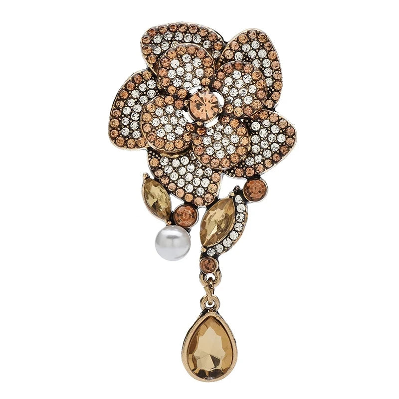 Rhinestone Camellia with Teardrop Pendant Brooch — Champagne