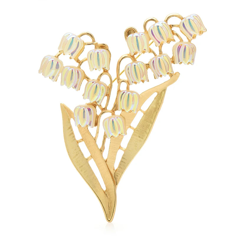 Lily of the Valley Bouquet with Golden Leaves Brooch — Lily of the Valley