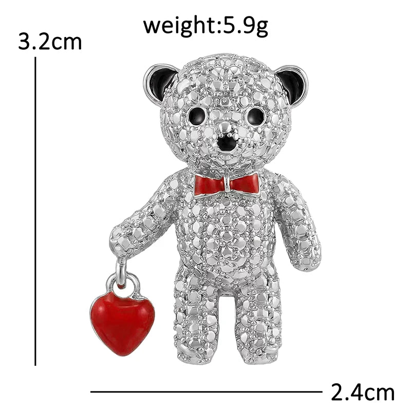 Sparkling Teddy Bear with Heart Charm Brooch