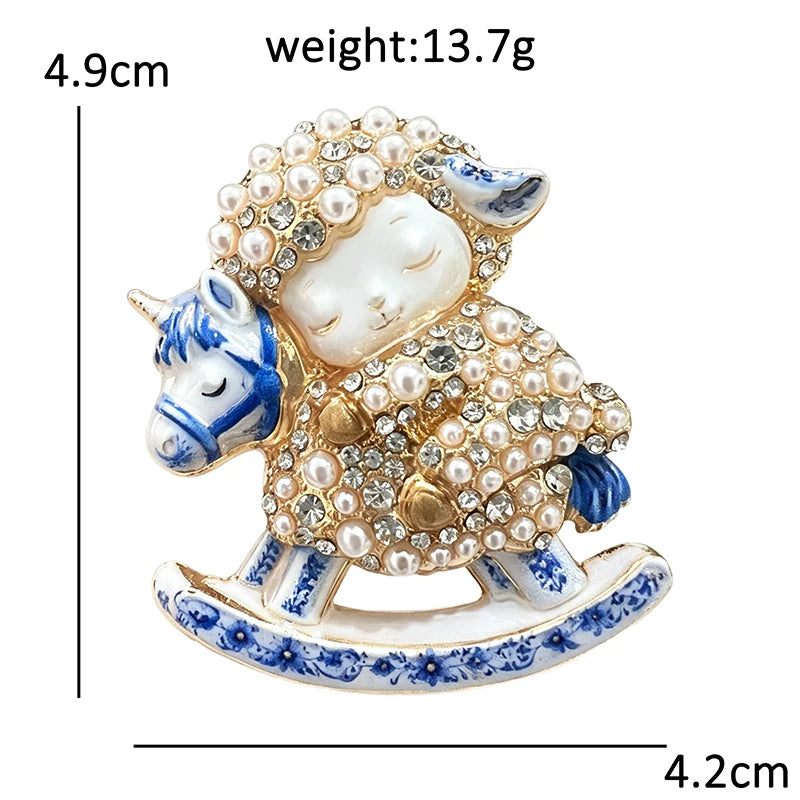 Blue and White Rocking Horse Lamb Brooch