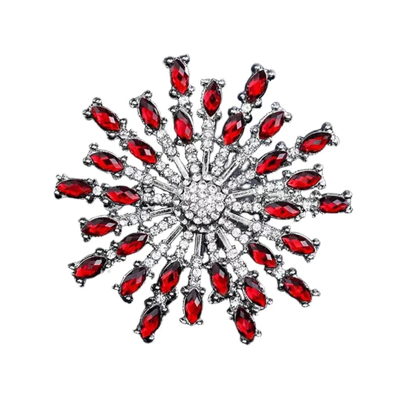 Faceted Rhinestone Sunburst Brooch — Red