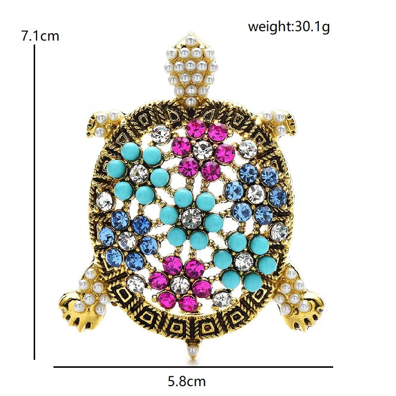Ornate Multicolor Rhinestone Sea Turtle Brooch — dimensions