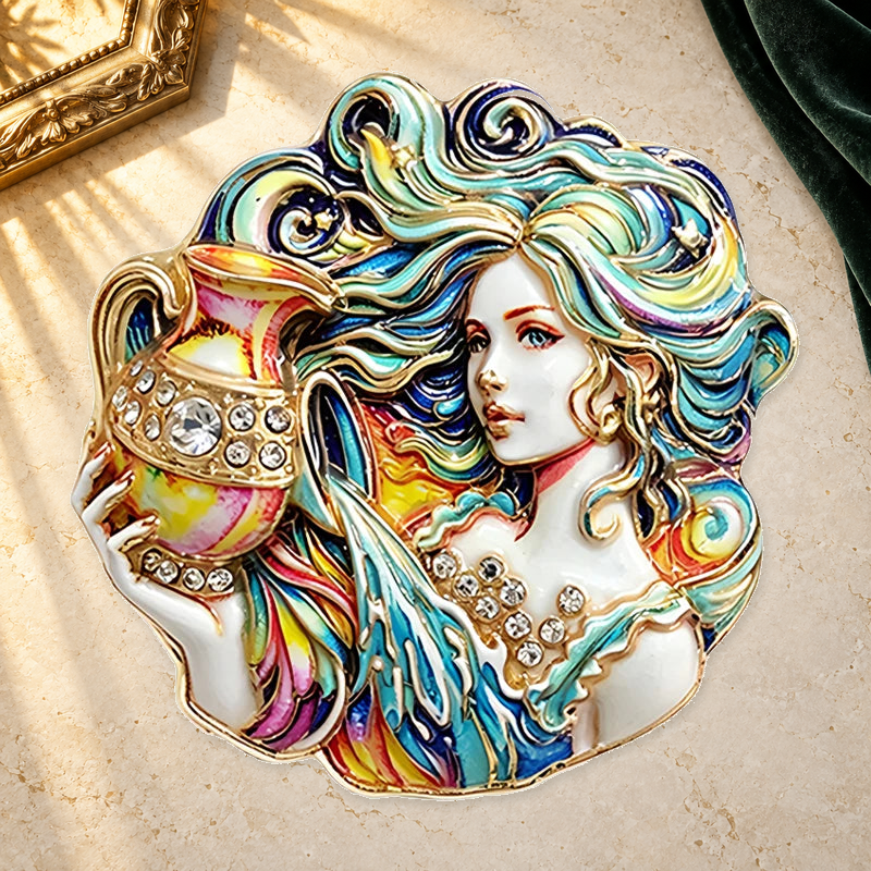 Aquarius Water Bearer Portrait Brooch on a complementary display background
