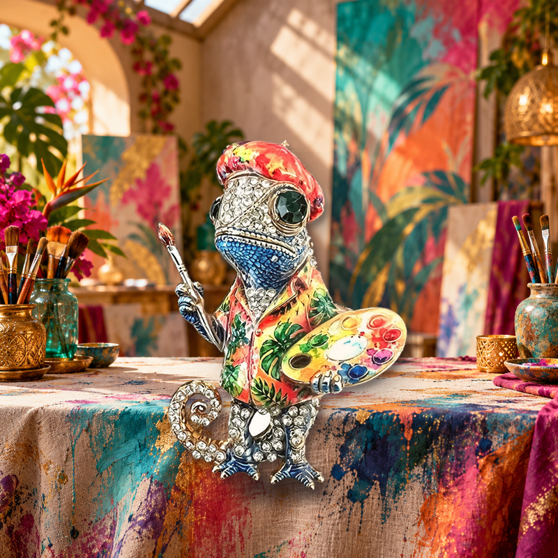 Artist Chameleon with Paint Palette Brooch styled in a thematic scene