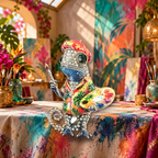 Artist Chameleon with Paint Palette Brooch styled in a thematic scene