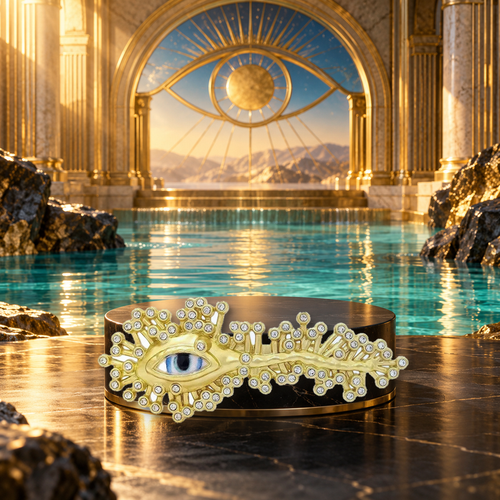 Artistic Eye with Radiating Rhinestones Brooch styled in a thematic scene