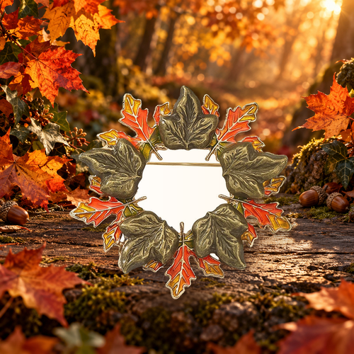 Autumn Leaf Circle Wreath Brooch in a themed styled scene