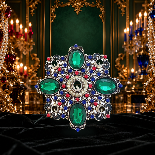 Baroque Faceted and Pearl-Look Accent Medallion Brooch styled in a thematic scene