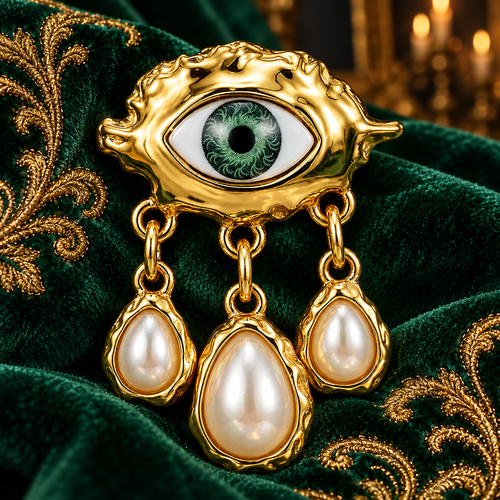Baroque green eye with pearl-look drops brooch displayed on emerald velvet