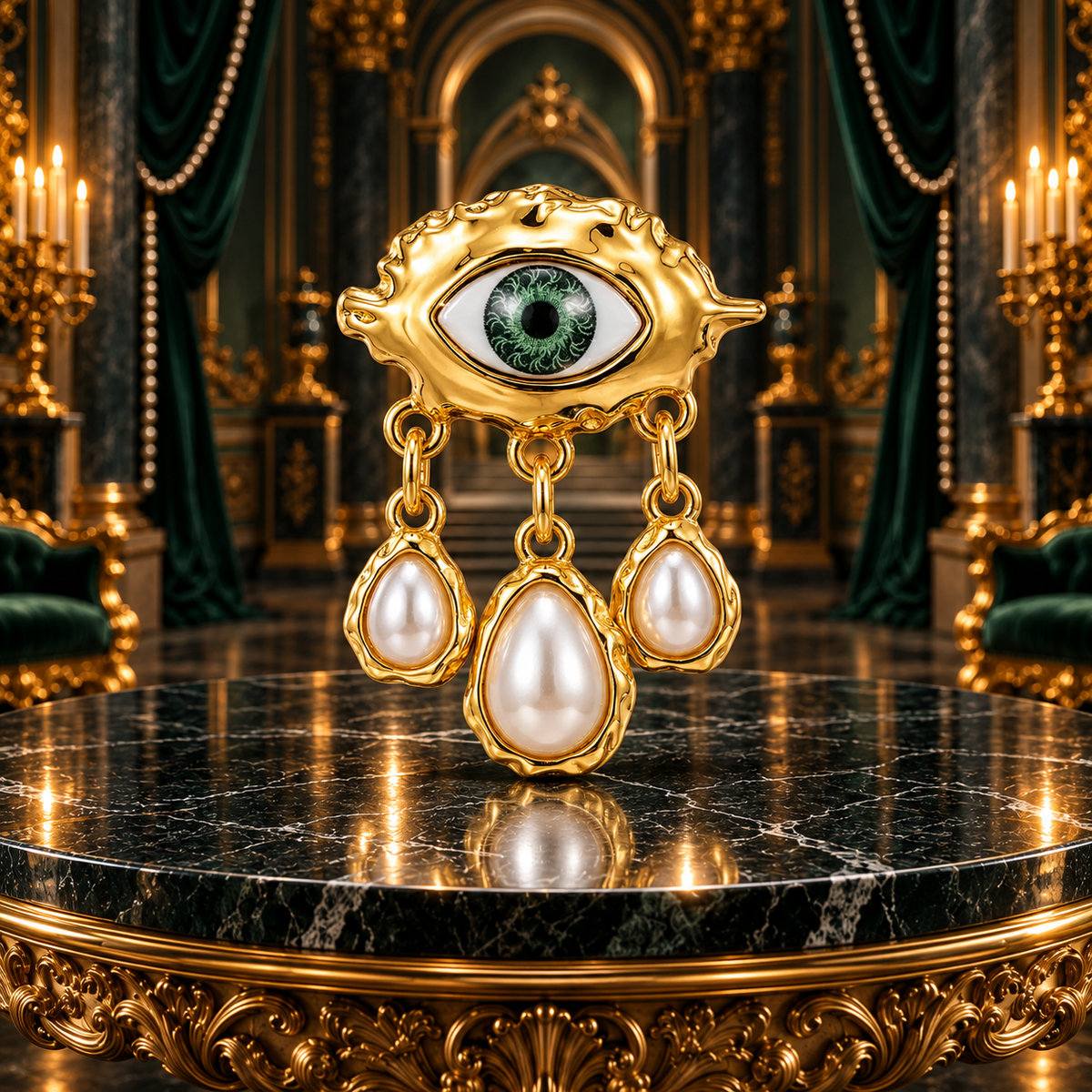Baroque Green Eye with Pearl-Look Drops Brooch styled in a thematic scene