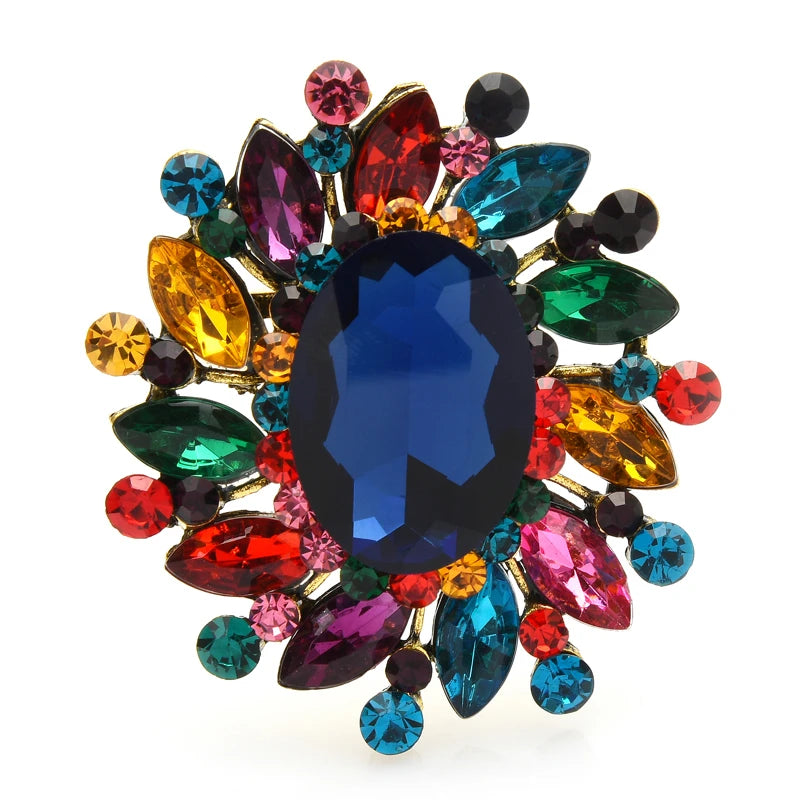 Oval Jewel Halo Flower Brooch