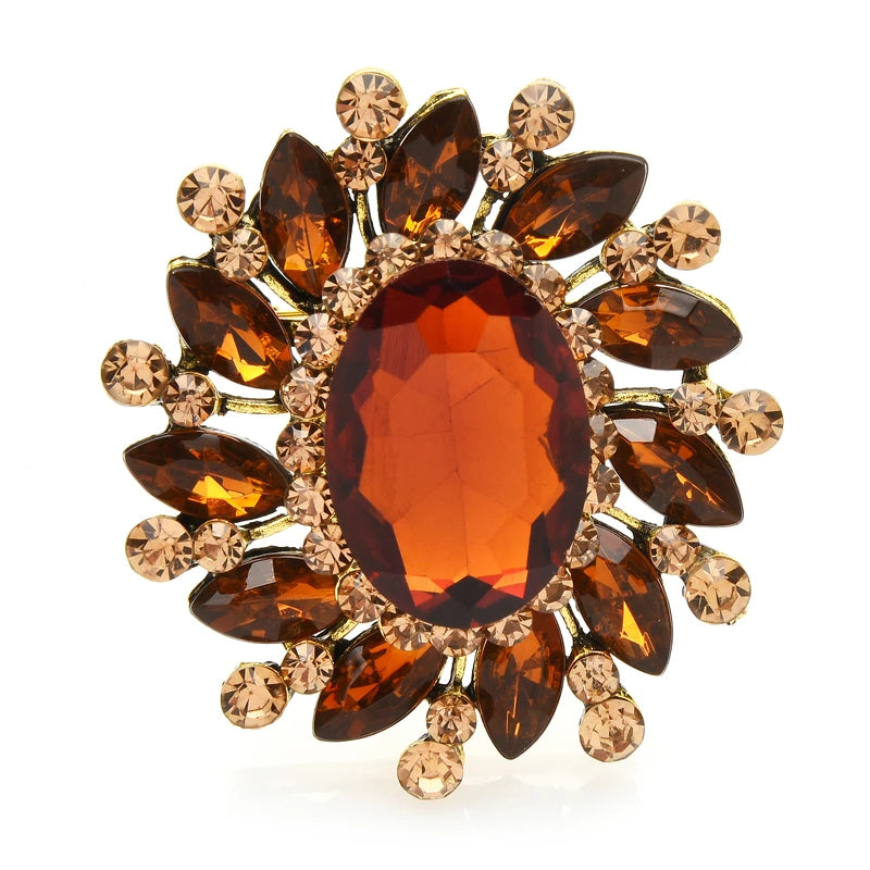 Oval Jewel Halo Flower Brooch