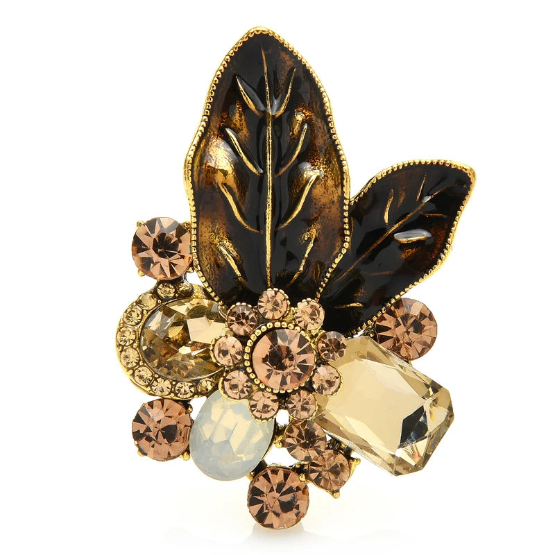 Jeweled Botanical Leaf Cluster Brooch