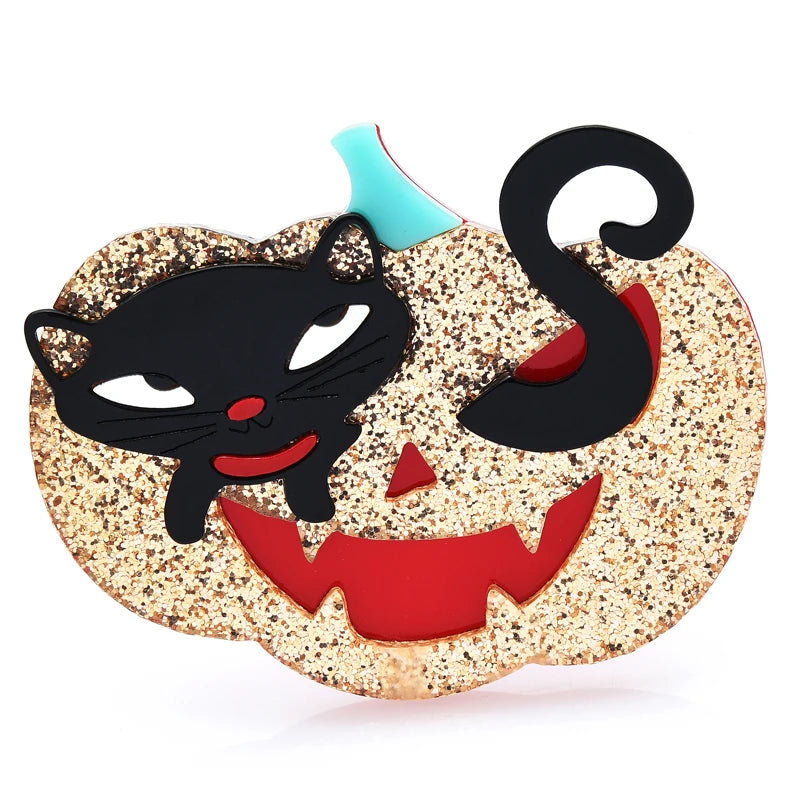 Glitter Cat in Pumpkin Acrylic Brooch