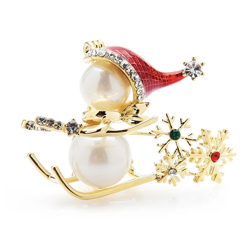 Skiing Pearl-Look Snowman Brooch